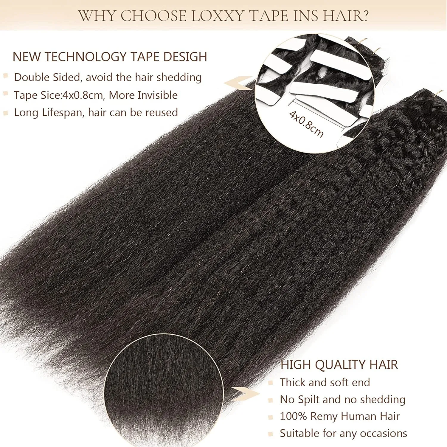 Kinky Straight Human Hair Extensions Tape ins for Black Women Natural Black Curly Invisible Double Sided Remy Kinky Tape Hair Extensions Human Hair Adhesive 12 Inch 16Pieces 40g Recommended