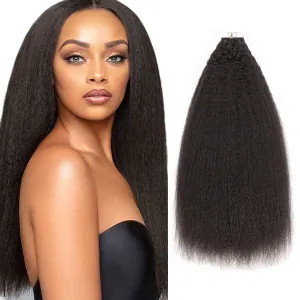 Kinky Straight Human Hair Extensions Tape ins for Black Women Natural Black Curly Invisible Double Sided Remy Kinky Tape Hair Extensions Human Hair Adhesive 12 Inch 16Pieces 40g Recommended