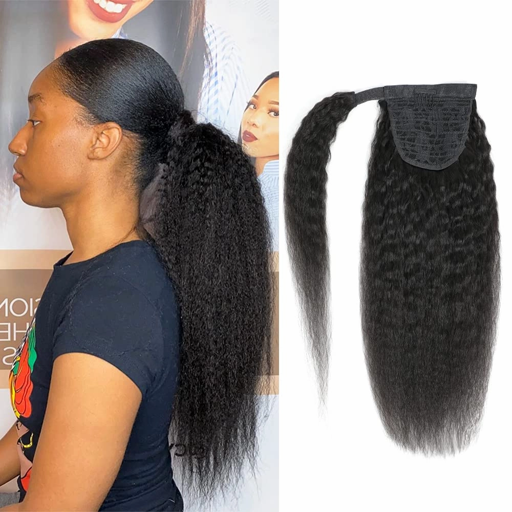 Kinky Straight Ponytail Human Hair Yaki Straight Ponytail Extension for Black Women Wrap Around Ponytail Hair Piece with Magic Paste Ponytail Natural Black Color 12 Inch