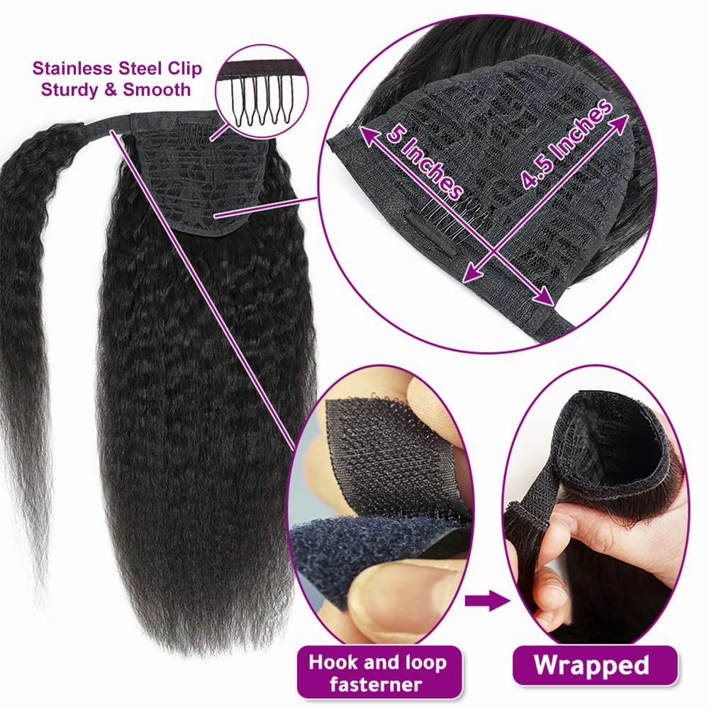 Kinky Straight Ponytail Human Hair Yaki Straight Ponytail Extension for Black Women Wrap Around Ponytail Hair Piece with Magic Paste Ponytail Natural Black Color 12 Inch