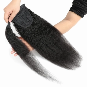 Kinky Straight Ponytail Human Hair Yaki Straight Ponytail Extension for Black Women Wrap Around Ponytail Hair Piece with Magic Paste Ponytail Natural Black Color 12 Inch