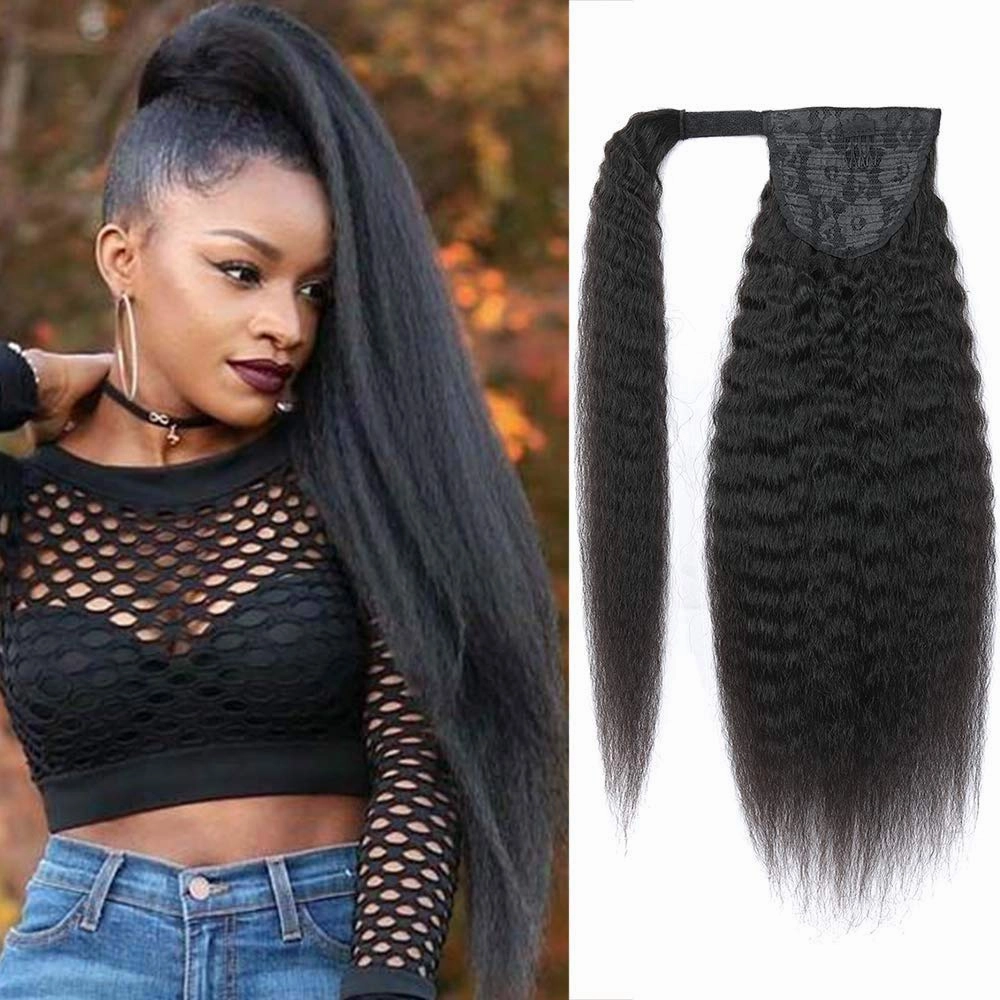 Kinky Straight Ponytail Human Hair Yaki Straight Ponytail Extension for Black Women Wrap Around Ponytail Hair Piece with Magic Paste Ponytail Natural Black Color 12 Inch
