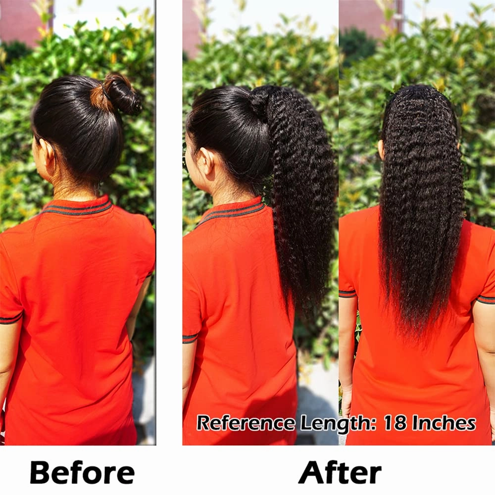 Kinky Straight Ponytail Human Hair Yaki Straight Ponytail Extension for Black Women Wrap Around Ponytail Hair Piece with Magic Paste Ponytail Natural Black Color 12 Inch