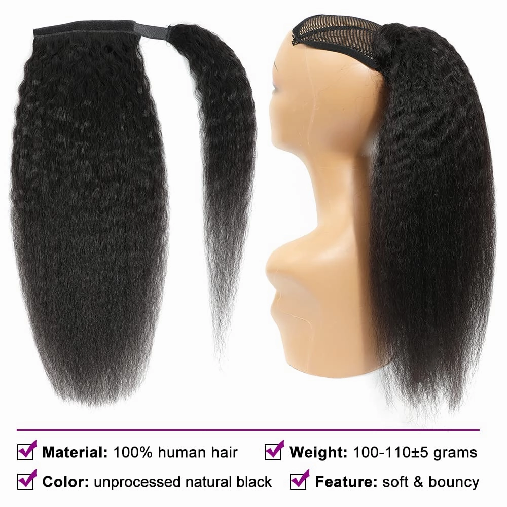Kinky Straight Ponytail Human Hair Yaki Straight Ponytail Extension for Black Women Wrap Around Ponytail Hair Piece with Magic Paste Ponytail Natural Black Color 12 Inch