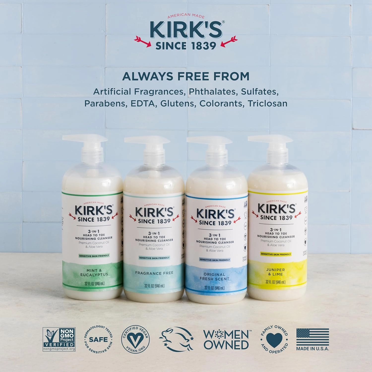 Kirk's 3-in-1 Head to Toe Nourishing Liquid Cleanser & Travel Size Bar Soap - for Men, Women & Children - Premium Coconut Oil and Aloe Vera- Non GMO & Vegan -Juniper & Lime - 32 Fl Oz. 2 pack