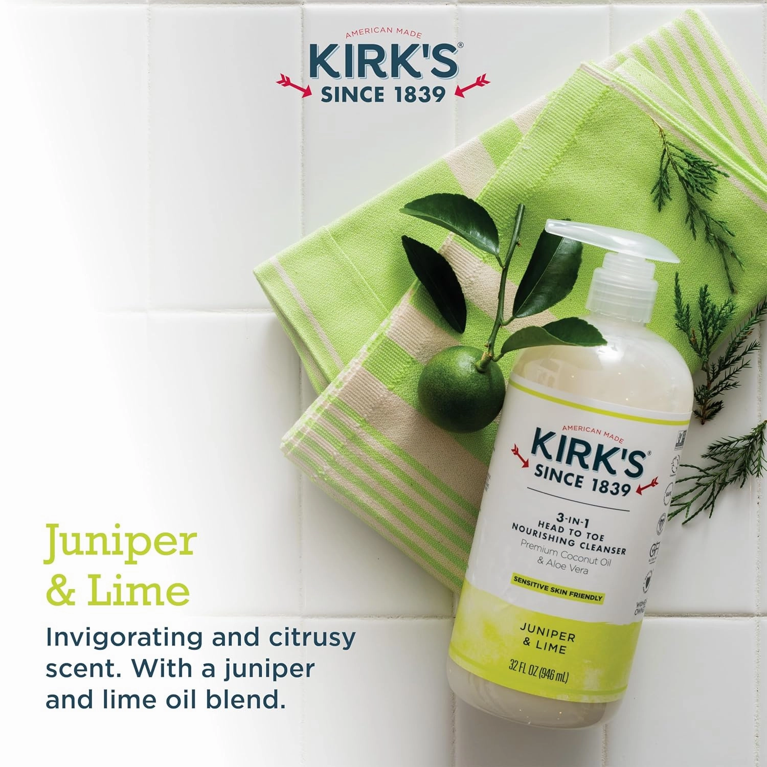 Kirk's 3-in-1 Head to Toe Nourishing Liquid Cleanser & Travel Size Bar Soap - for Men, Women & Children - Premium Coconut Oil and Aloe Vera- Non GMO & Vegan -Juniper & Lime - 32 Fl Oz. 2 pack