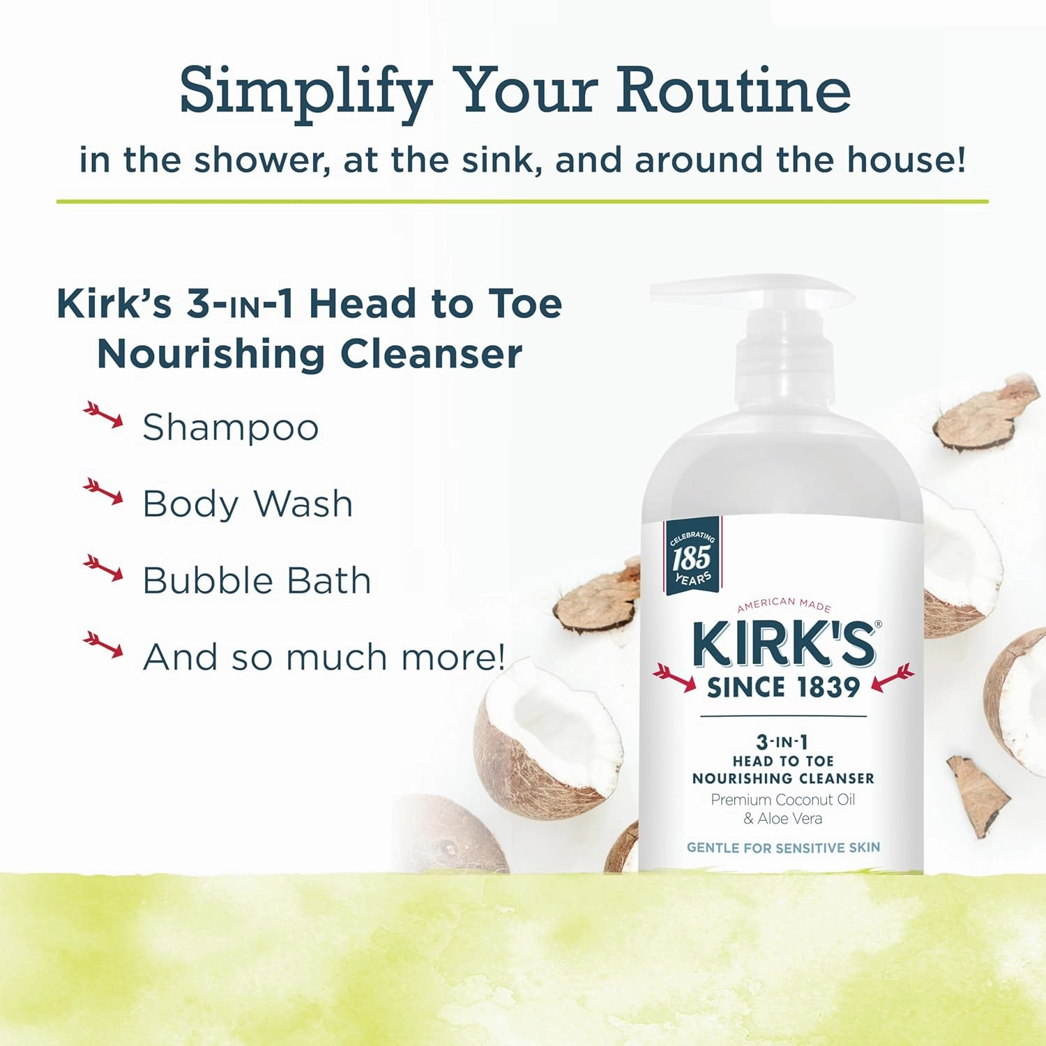 Kirk's 3-in-1 Head to Toe Nourishing Liquid Cleanser & Travel Size Bar Soap - for Men, Women & Children - Premium Coconut Oil and Aloe Vera- Non GMO & Vegan -Juniper & Lime - 32 Fl Oz. 2 pack