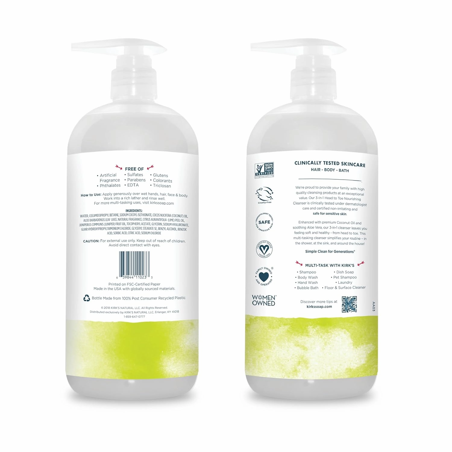 Kirk's 3-in-1 Head to Toe Nourishing Liquid Cleanser & Travel Size Bar Soap - for Men, Women & Children - Premium Coconut Oil and Aloe Vera- Non GMO & Vegan -Juniper & Lime - 32 Fl Oz. 2 pack