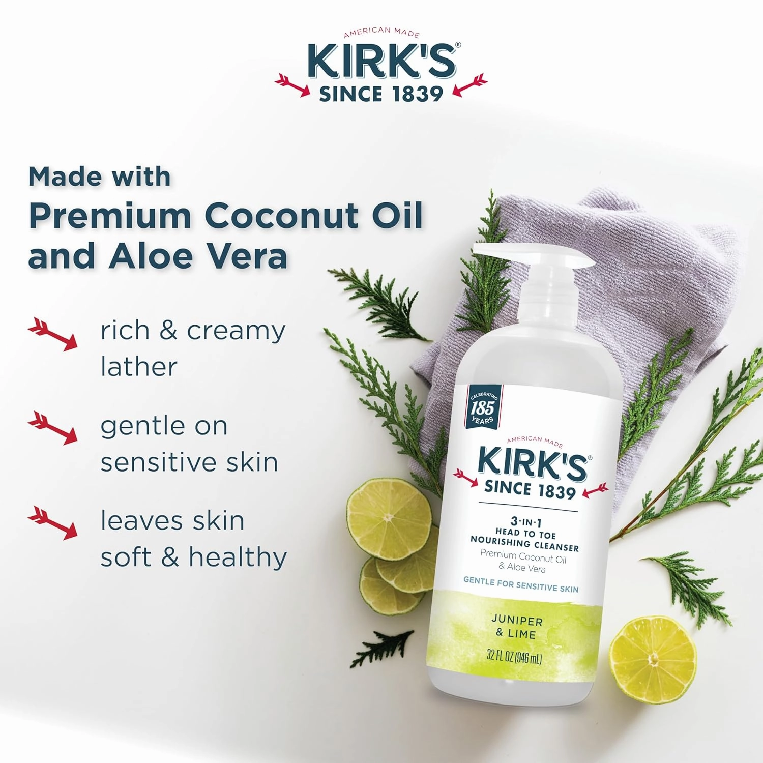 Kirk's 3-in-1 Head to Toe Nourishing Liquid Cleanser & Travel Size Bar Soap - for Men, Women & Children - Premium Coconut Oil and Aloe Vera- Non GMO & Vegan -Juniper & Lime - 32 Fl Oz. 2 pack