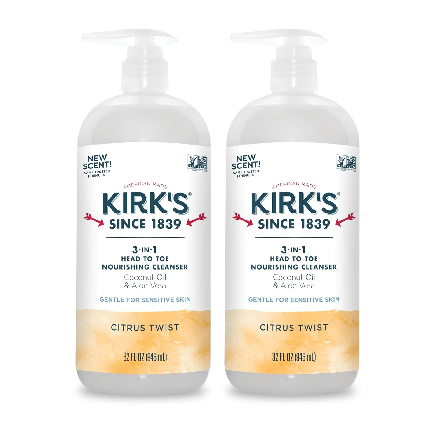 Kirk's 3-in-1 Head to Toe Nourishing Liquid Cleanser- for Men, Women & Children - Premium Coconut Oil & Aloe Vera- Non GMO & Vegan - Citrus Twist - 32 Fl Oz. - 2 Pack