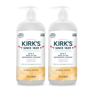 Kirk's 3-in-1 Head to Toe Nourishing Liquid Cleanser- for Men, Women & Children - Premium Coconut Oil & Aloe Vera- Non GMO & Vegan - Citrus Twist - 32 Fl Oz. - 2 Pack