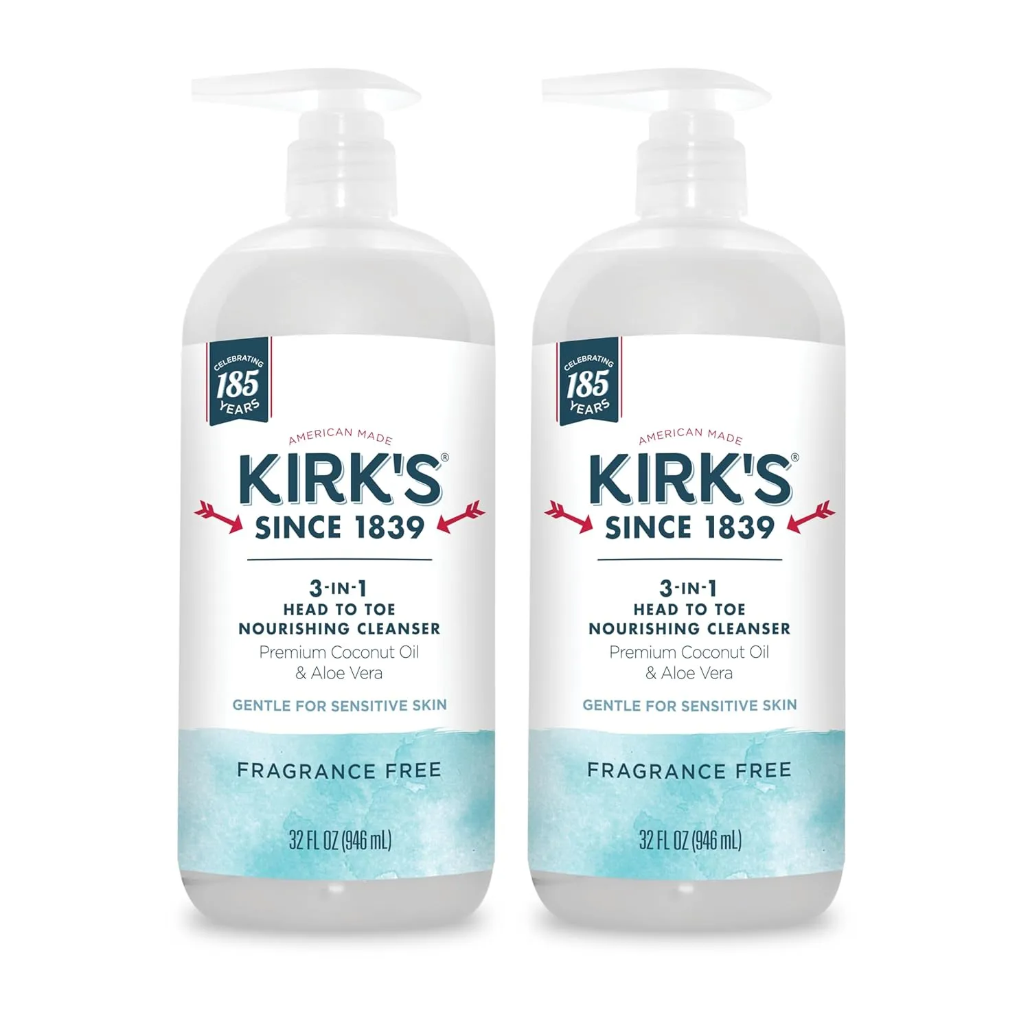 Kirk's 3-in-1 Head to Toe Nourishing Liquid Cleanser- for Men, Women & Children - Premium Coconut Oil & Aloe Vera- Non GMO & Vegan -Fragrance Free - 32 Fl Oz. - 2 Pack