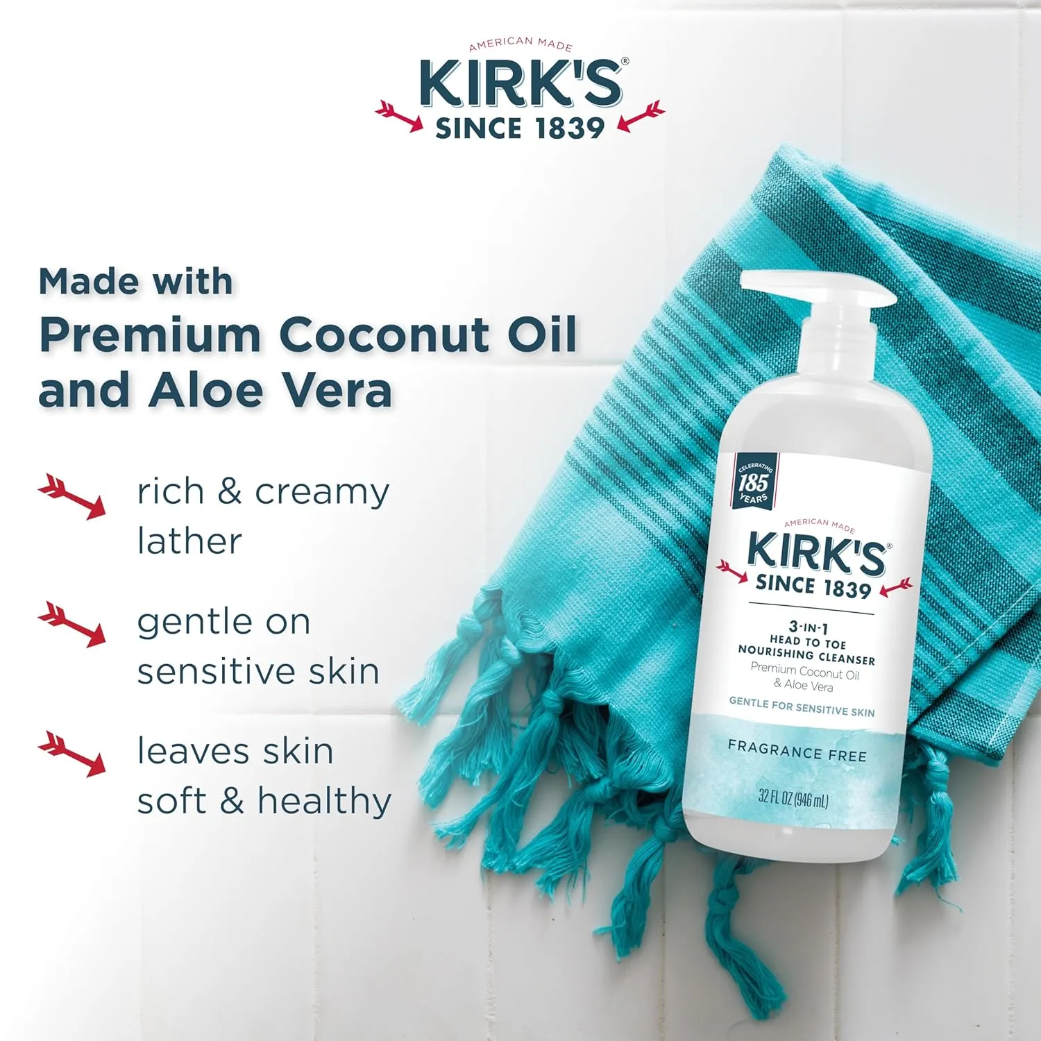 Kirk's 3-in-1 Head to Toe Nourishing Liquid Cleanser- for Men, Women & Children - Premium Coconut Oil & Aloe Vera- Non GMO & Vegan -Fragrance Free - 32 Fl Oz. - 2 Pack