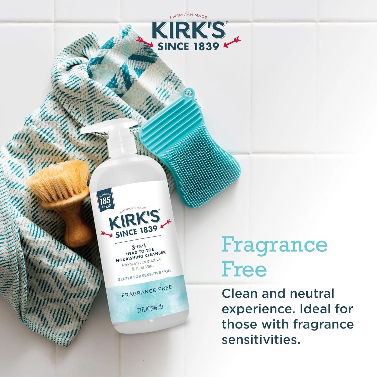 Kirk's 3-in-1 Head to Toe Nourishing Liquid Cleanser- for Men, Women & Children - Premium Coconut Oil & Aloe Vera- Non GMO & Vegan -Fragrance Free - 32 Fl Oz. - 2 Pack