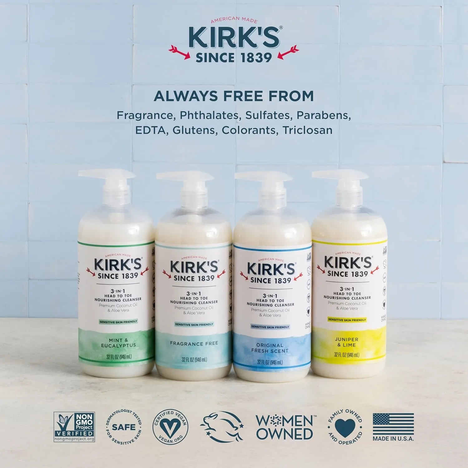 Kirk's 3-in-1 Head to Toe Nourishing Liquid Cleanser- for Men, Women & Children - Premium Coconut Oil & Aloe Vera- Non GMO & Vegan -Fragrance Free - 32 Fl Oz. - 2 Pack