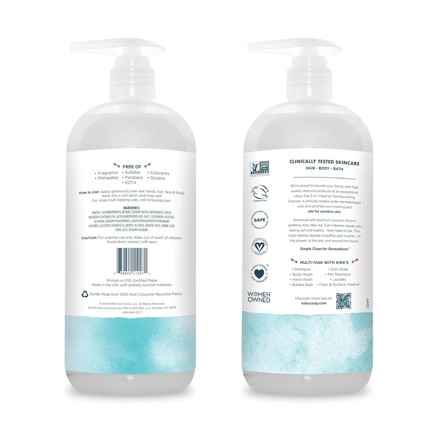 Kirk's 3-in-1 Head to Toe Nourishing Liquid Cleanser- for Men, Women & Children - Premium Coconut Oil & Aloe Vera- Non GMO & Vegan -Fragrance Free - 32 Fl Oz. - 2 Pack