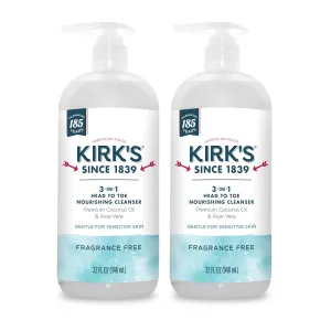 Kirk's 3-in-1 Head to Toe Nourishing Liquid Cleanser- for Men, Women & Children - Premium Coconut Oil & Aloe Vera- Non GMO & Vegan -Fragrance Free - 32 Fl Oz. - 2 Pack