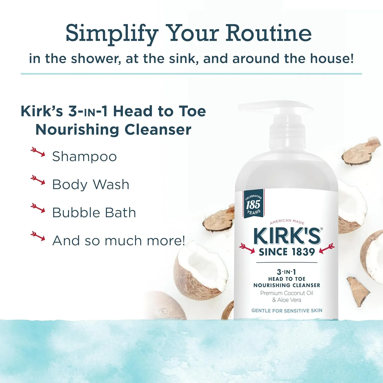 Kirk's 3-in-1 Head to Toe Nourishing Liquid Cleanser- for Men, Women & Children - Premium Coconut Oil & Aloe Vera- Non GMO & Vegan -Fragrance Free - 32 Fl Oz. - 2 Pack