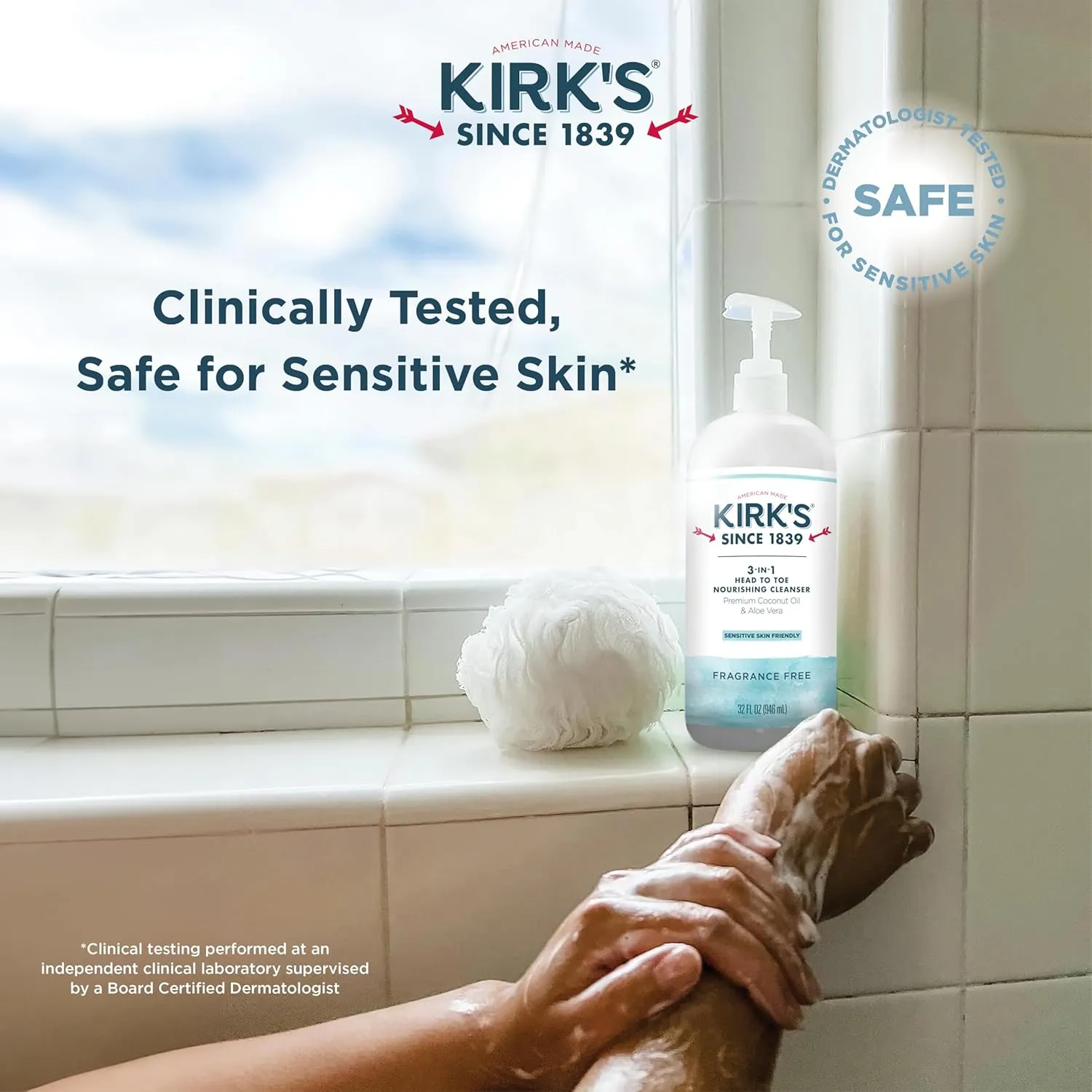Kirk's 3-in-1 Head to Toe Nourishing Liquid Cleanser- for Men, Women & Children - Premium Coconut Oil & Aloe Vera- Non GMO & Vegan -Fragrance Free - 32 Fl Oz. - 2 Pack