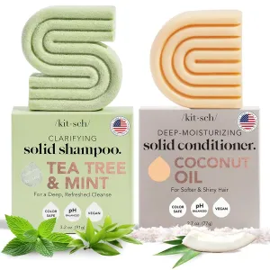 Kitsch Tea Tree Solid Shampoo & Coconut Oil Conditioner Bar, Shampoo and Conditioner Set for Clarifying Grease & Deep Moisturizing, Natural Organic, Paraben & Sulfate Free - 2 pack