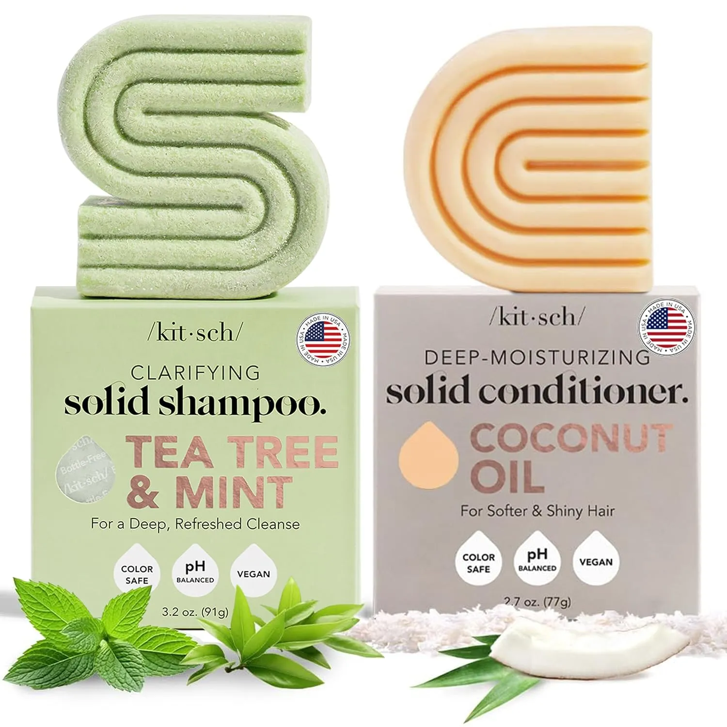 Kitsch Tea Tree Solid Shampoo & Coconut Oil Conditioner Bar, Shampoo and Conditioner Set for Clarifying Grease & Deep Moisturizing, Natural Organic, Paraben & Sulfate Free - 2 pack