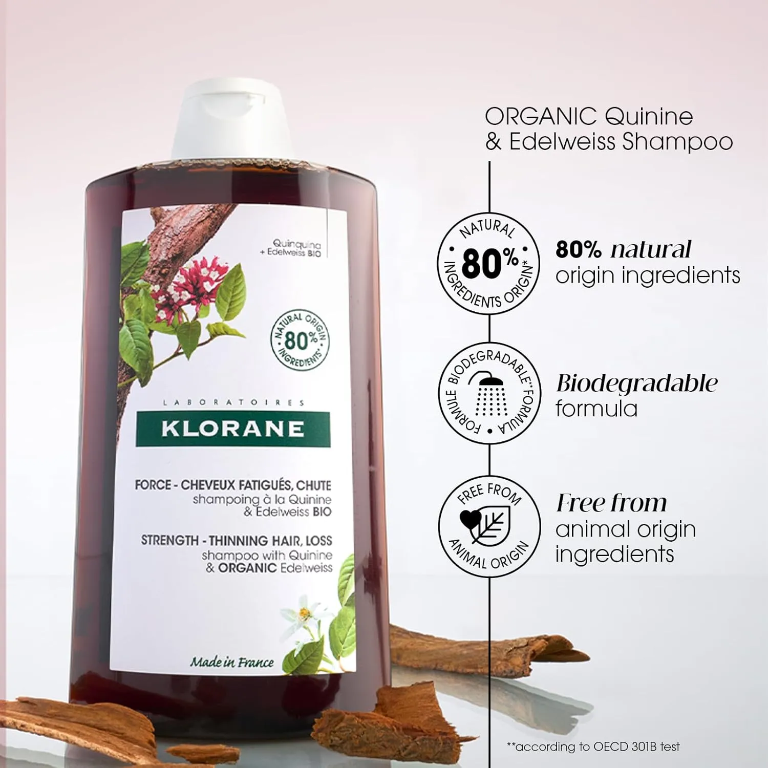 Klorane Strengthening Shampoo with Quinine and Edelweiss for Thinning Hair, Supports Thicker, Stronger, Healthier Hair, For Men and Women Paraben, Silicone and Sulfate Free, 13.5 Fl Oz