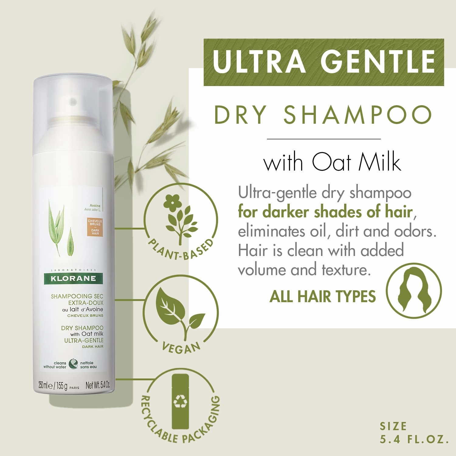 Klorane Dry Shampoo with Oat Milk, For Dark Hair, Natural Tint, All Hair Types, Paraben & Sulfate-Free