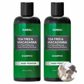 KUNDAL Tea Tree & Macadamia Deep Cleansing Shampoo - Korean Hair Care, Scalp Care, Tea Tree extract, For All hair Types 10.14fl oz each (Pack of 2) (Baby Powder)