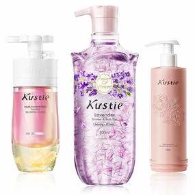 Kustie Natural Lavender Body Wash/Cherry Blossom Dual-Chamber Shampoo/Rose Body Lotion