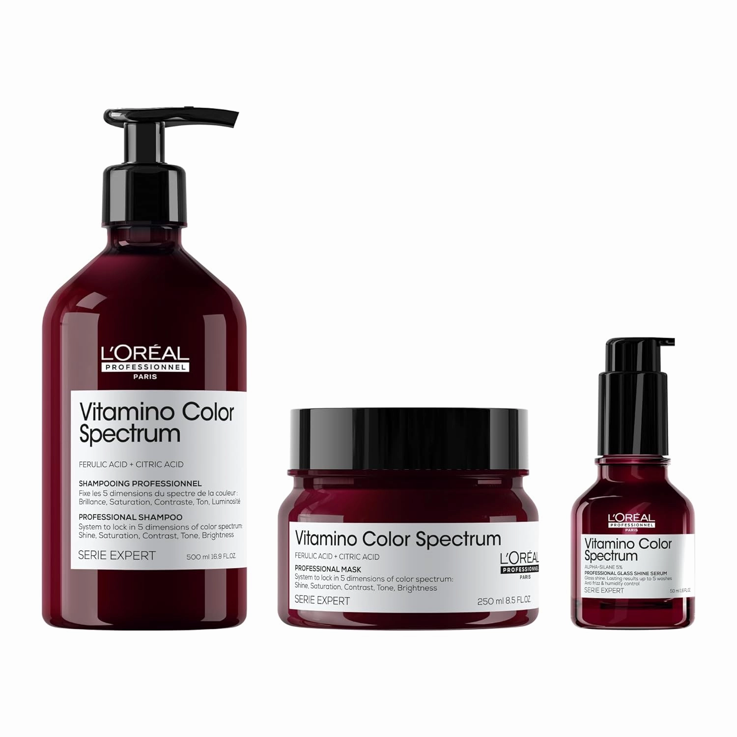 L'Oréal Professionnel Paris Vitamino Color Spectrum Shampoo, Mask & Glass Shine Serum Set - Maintains Day 1 Color Vibrancy, Strengthens & Smooths Hair, Provides Heat Protection Up to 450°F