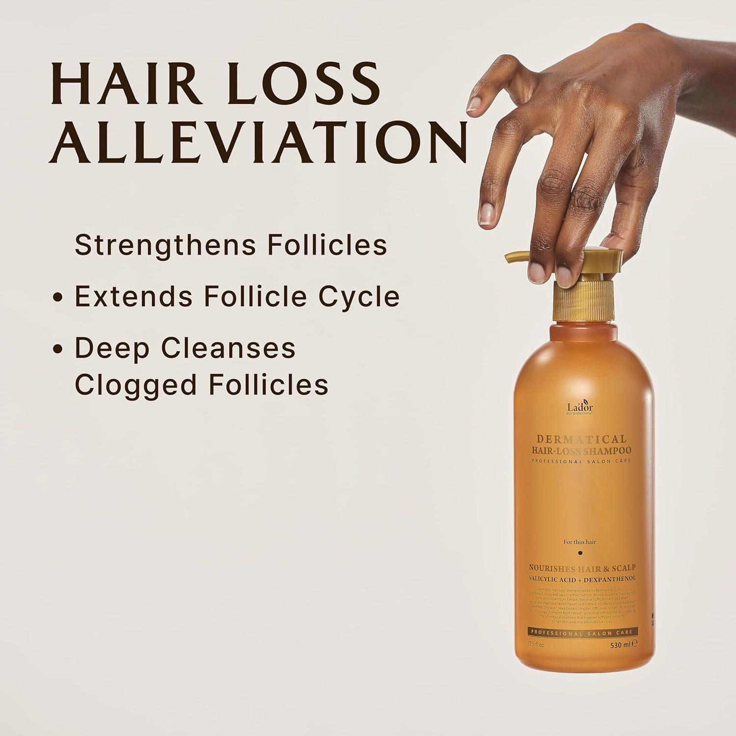 LA'DOR Dermatical Anti Hair Loss & Hair Growth Shampoo - Deep Cleanse, Nourish, Soothe Damaged Scalp w/Salicylic Acid, Dexpanthenol, Niacinamide, Menthol (17.9 Fl Oz, Normal to Dry Hair)