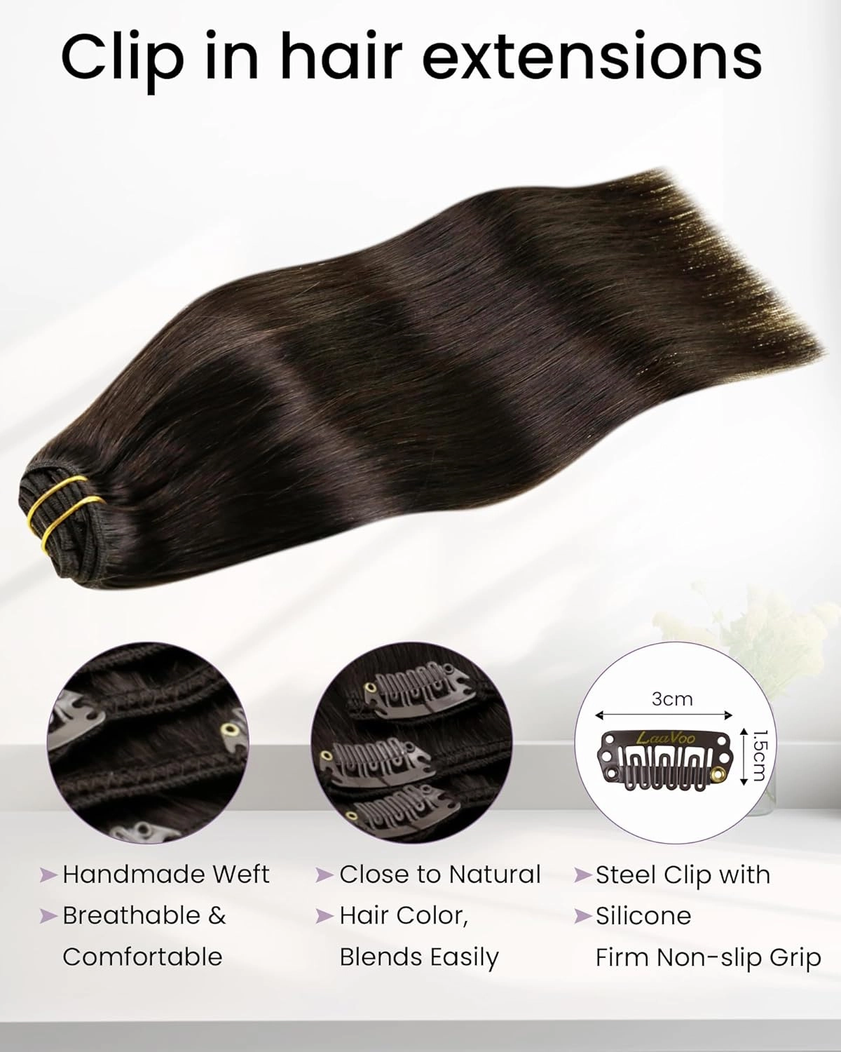 LaaVoo Brown Clip in Hair Extensions Real Human Hair 20inch Darkest Brown Human Hair Clip in Extensions Dark Brown Real Human Hair Hair Clip ins Silky Straight 5pcs 80g