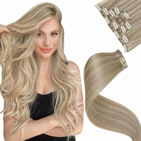 LaaVoo Clip in Hair Extensions Golden Blonde Highlights Light Blonde Human Hair Clip in Extensions Blonde Highlights Hair Extensions Clip ins Silky Straight 20 Inch 5pcs 80g