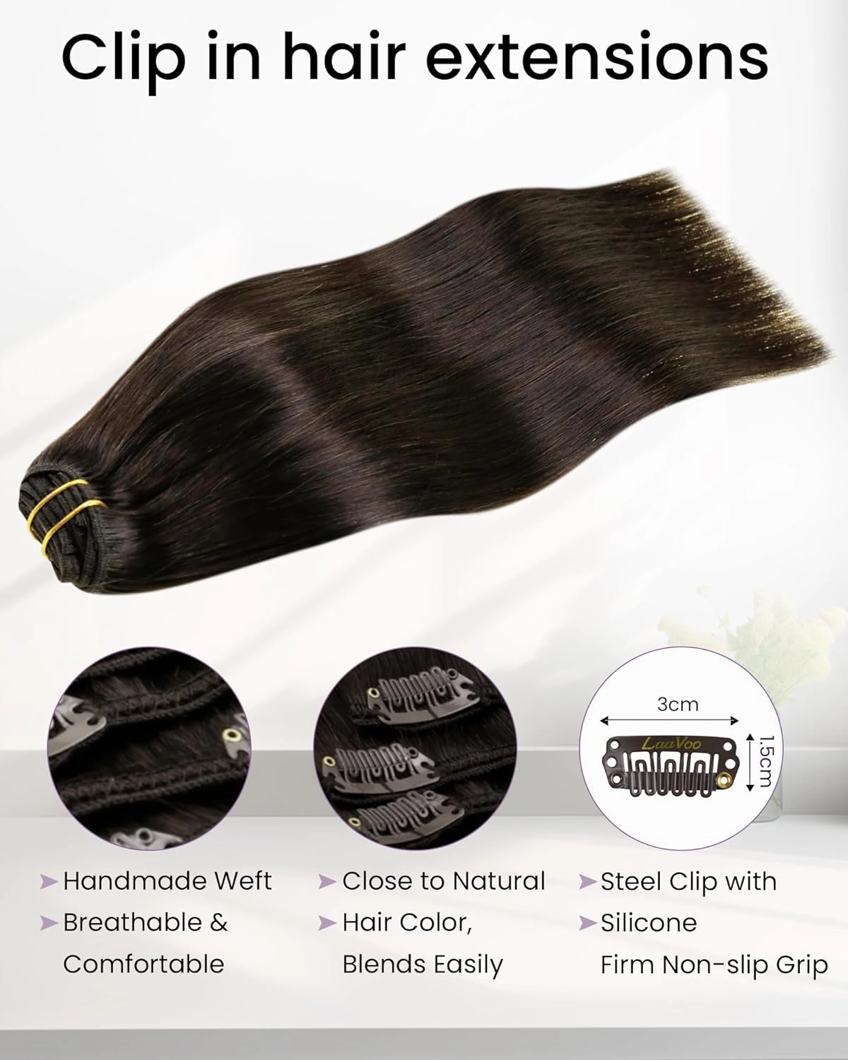 LaaVoo Clip in Hair Extensions Real Human Hair Darkest Brown Hair Extensions Clip ins Dark Brown Human Hair 22 Inch 5pcs 80G