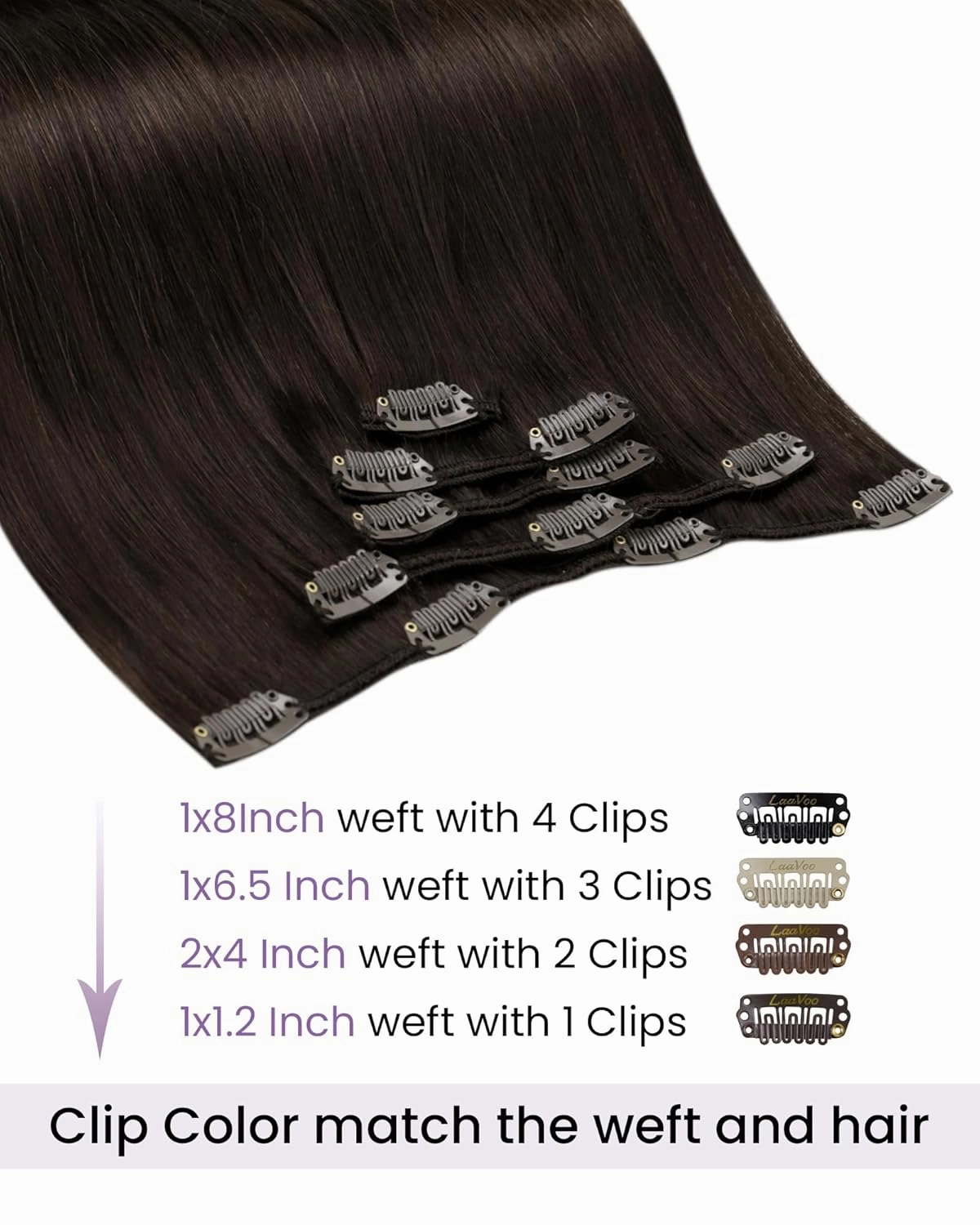 LaaVoo Clip in Hair Extensions Real Human Hair Darkest Brown Hair Extensions Clip ins Dark Brown Human Hair 22 Inch 5pcs 80G