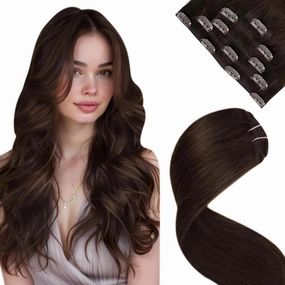 LaaVoo Clip in Hair Extensions Real Human Hair Darkest Brown Hair Extensions Clip ins Dark Brown Human Hair 22 Inch 5pcs 80G