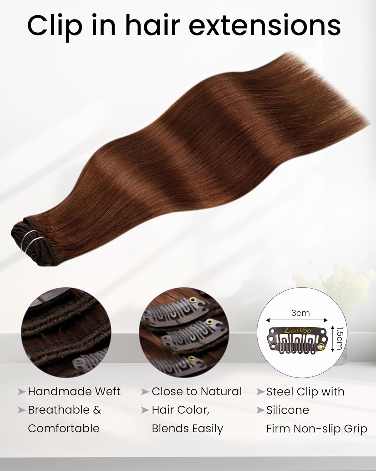 LaaVoo Human Hair Clip ins Extensions Auburn Brown Clip in Hair Extensions 20 Inch Russet Auburn Clip in Extensions Real Human Hair Silky Straight 5Pcs 80g