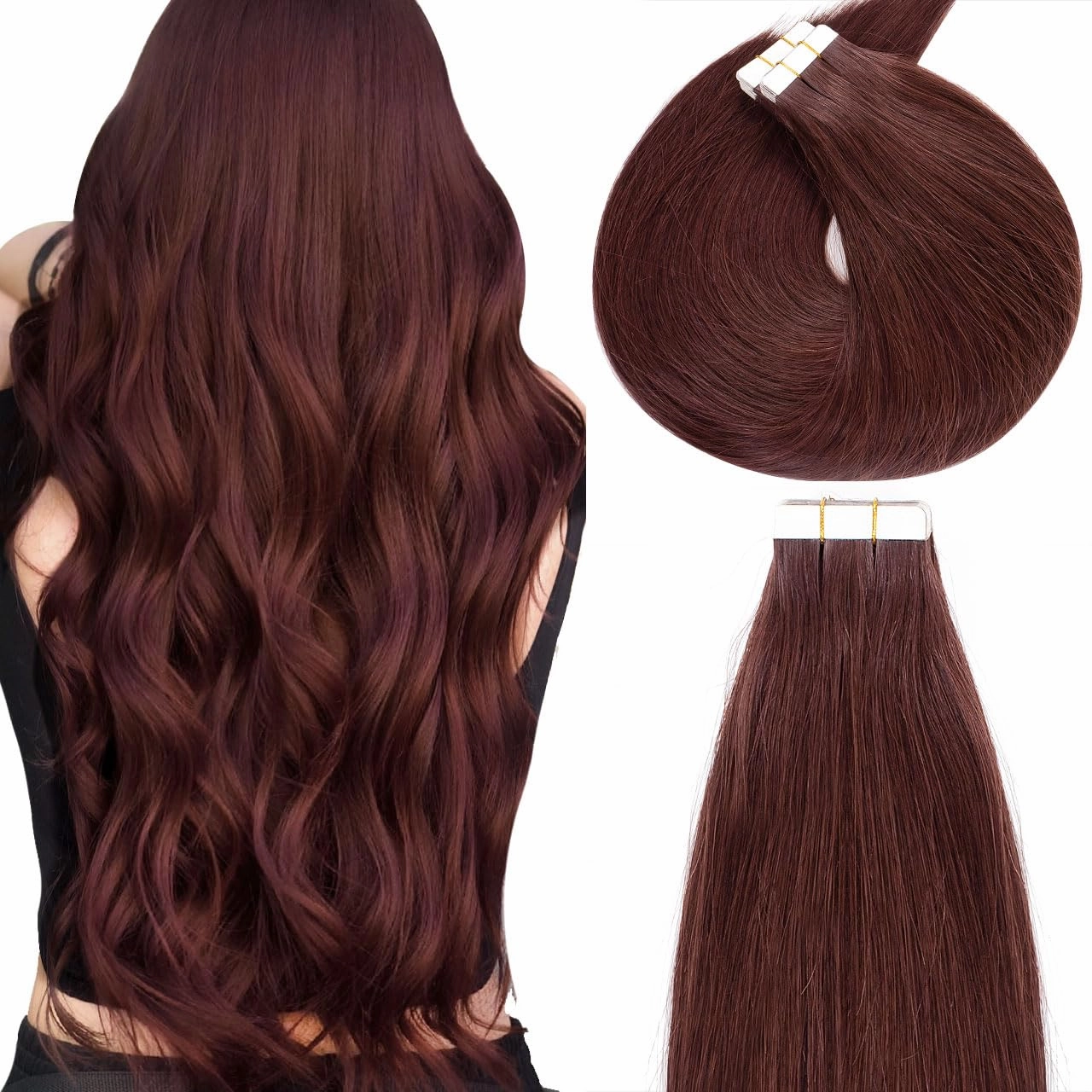 Lacer Tape in Hair Extensions Human Hair Wine Red 14 inches 20pcs 50 Grams Per Pack Burgundy Straight Tape in Real Human Hair Extensions Hair Pieces