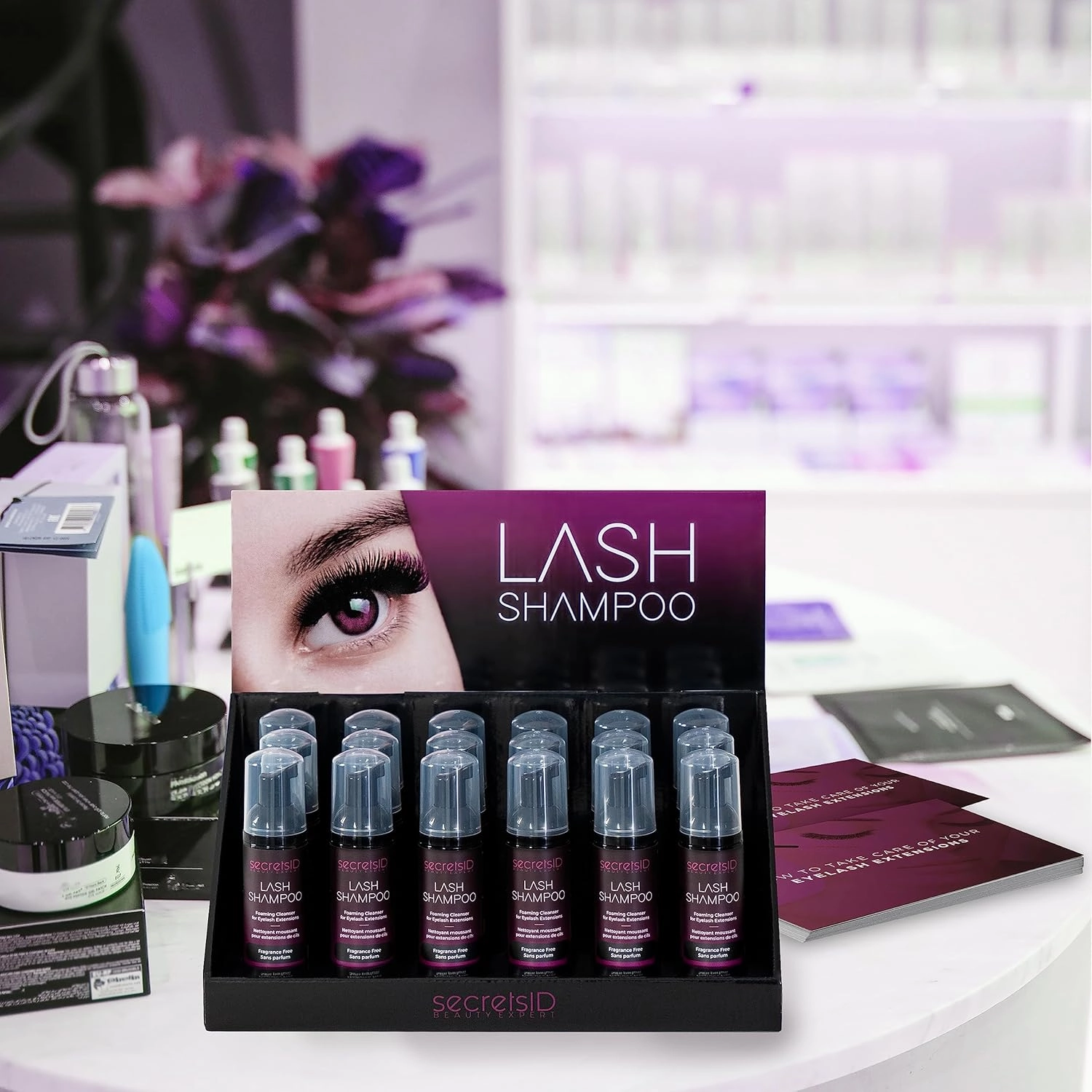 Lash Shampoo Kit for Salons, Lash Techs and Brow Stylists - Pack of 18 Prefilled Eyelash Extension Cleanser 2 Oz Foaming Bottles with Retail Display and Aftercare Cards - Fragrance Free