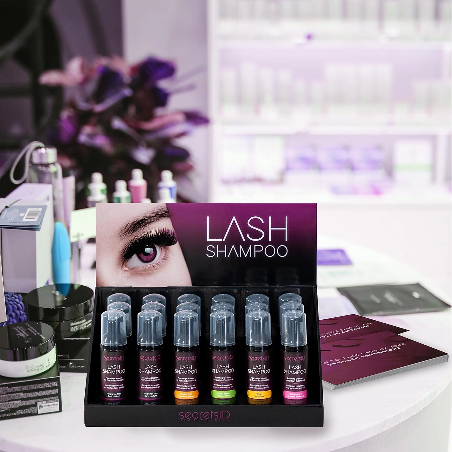 Lash Shampoo Kit for Salons, Lash Techs and Brow Stylists - Pack of 18 Prefilled Eyelash Extension Cleanser 2 Oz Foaming Bottles with Retail Display and Aftercare Cards - Mixed Scents