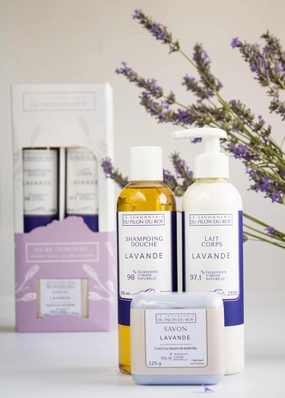 Lavender Coffret Gift-Box Set with Body Shower-Gel, Body Milk and Soap Bar with Lavandin Essential Oil Hydrating and Nourishing Lotion Skin Care Natural Ingredients All Types of Skin