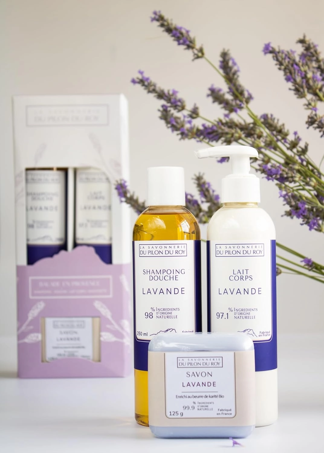 Lavender Coffret Gift-Box Set with Body Shower-Gel, Body Milk and Soap Bar with Lavandin Essential Oil Hydrating and Nourishing Lotion Skin Care Natural Ingredients All Types of Skin