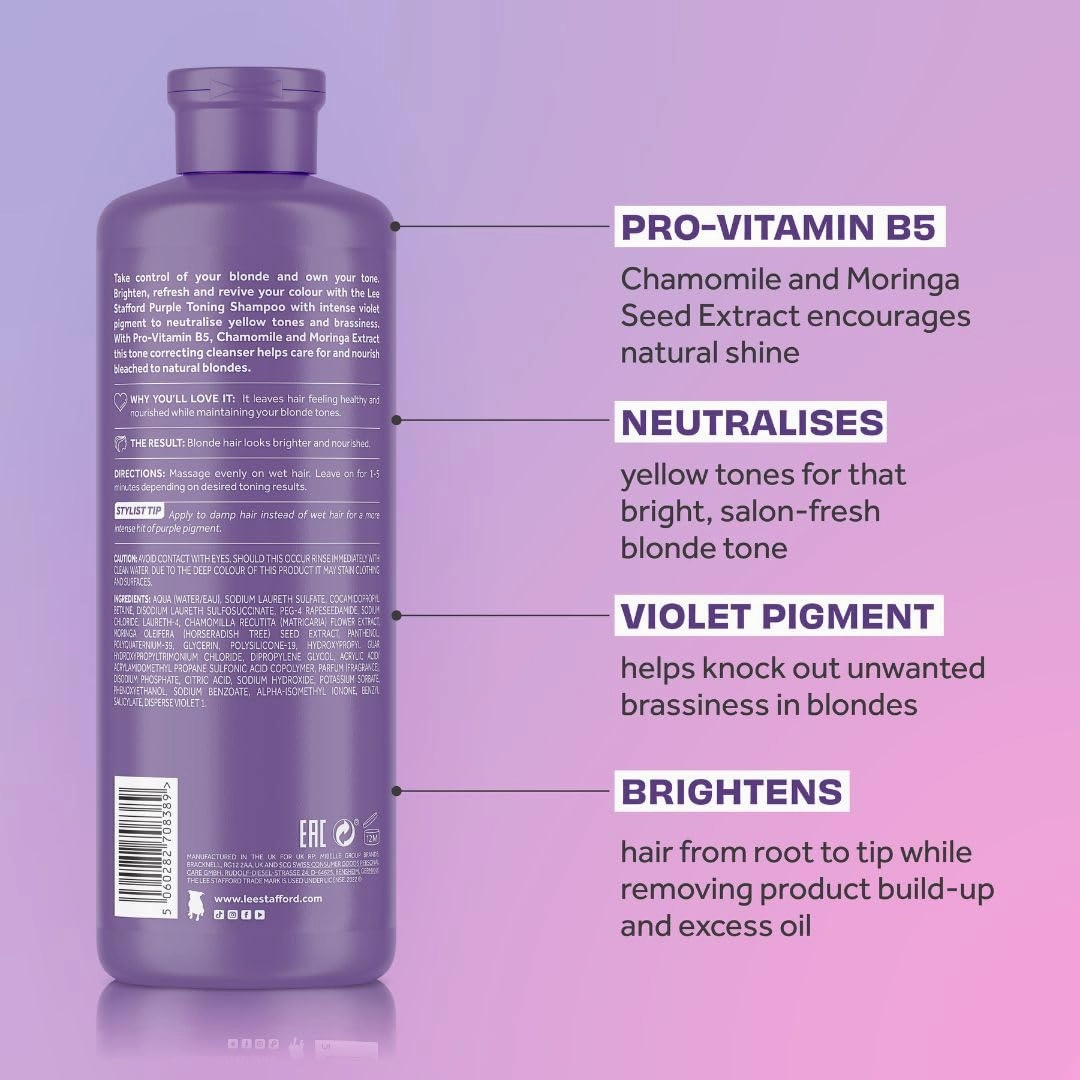 Lee Stafford Purple Toning Shampoo | Bleach Blonde Collection - Best Toner Cleanser, Neutralizes Brassy & Yellow, Great for Color Treated, Silver, & Grey, Hydrating for Dry, Damaged Hair, 16.9 Fl Oz