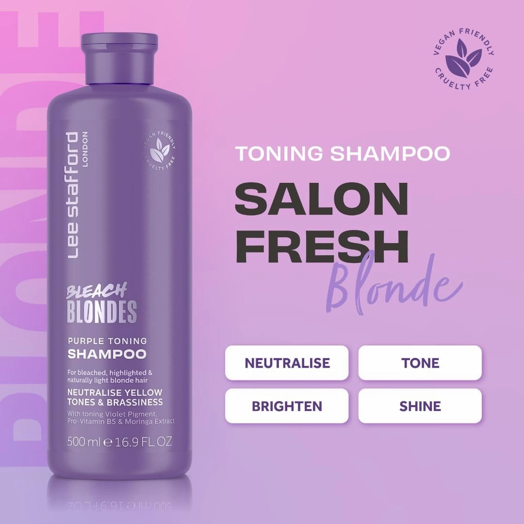 Lee Stafford Purple Toning Shampoo | Bleach Blonde Collection - Best Toner Cleanser, Neutralizes Brassy & Yellow, Great for Color Treated, Silver, & Grey, Hydrating for Dry, Damaged Hair, 16.9 Fl Oz
