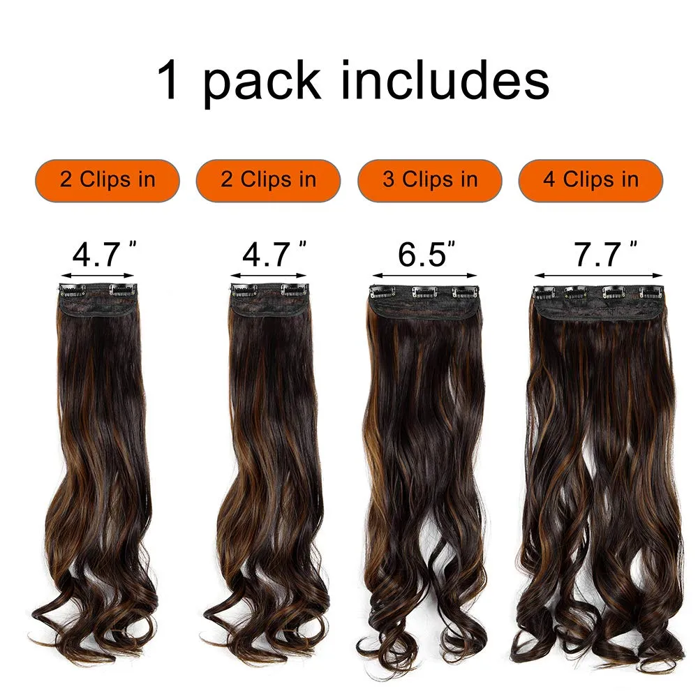 LELINTA 18" Curly Wavy 4 Pieces Set Thick Clip in on Synthetic Hair Extensions Hairpieces for Women Dark Brown Mix Light Auburn