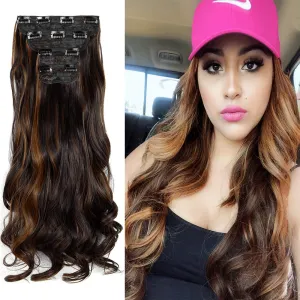 LELINTA 18" Curly Wavy 4 Pieces Set Thick Clip in on Synthetic Hair Extensions Hairpieces for Women Dark Brown Mix Light Auburn