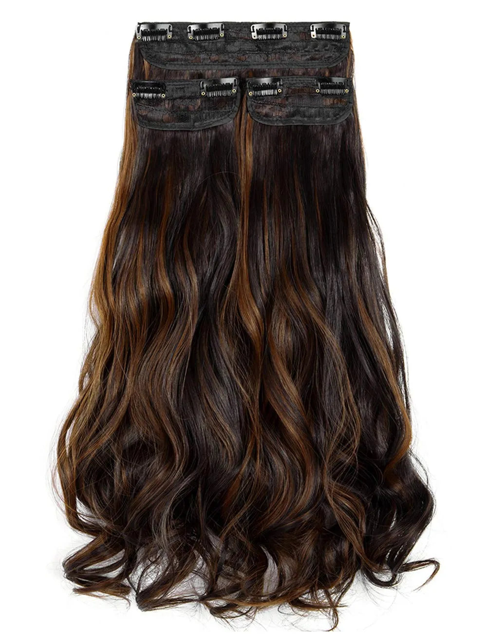 LELINTA 18" Curly Wavy 4 Pieces Set Thick Clip in on Synthetic Hair Extensions Hairpieces for Women Dark Brown Mix Light Auburn