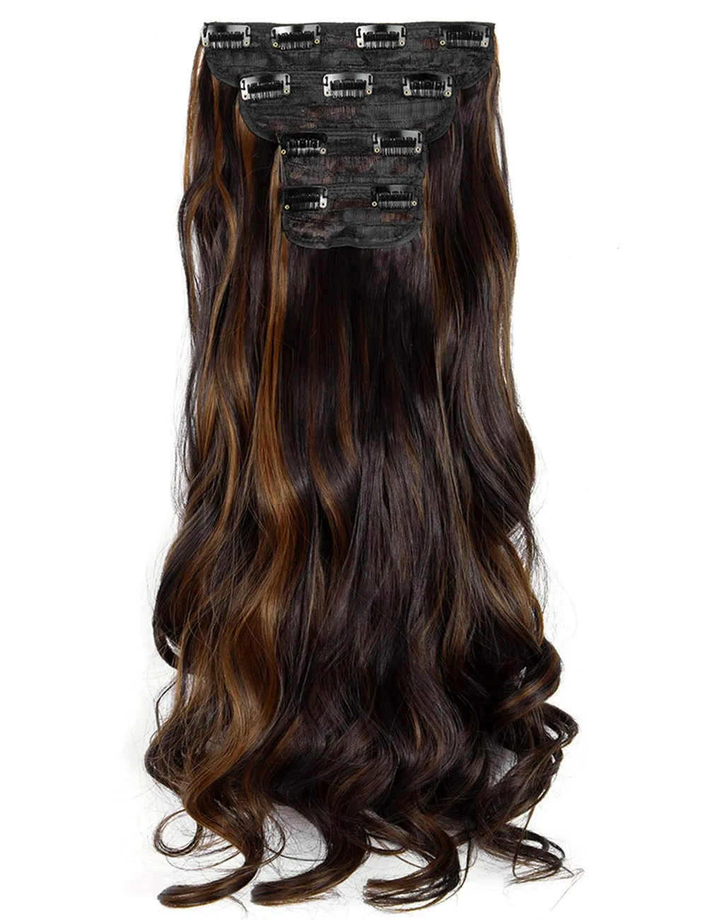 LELINTA 18" Curly Wavy 4 Pieces Set Thick Clip in on Synthetic Hair Extensions Hairpieces for Women Dark Brown Mix Light Auburn