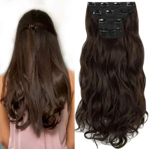 LELINTA 24" Curly Wavy 4 Pieces Set Thick Clip in on Synthetic Hair Extensions Hairpieces for Women Medium Brown