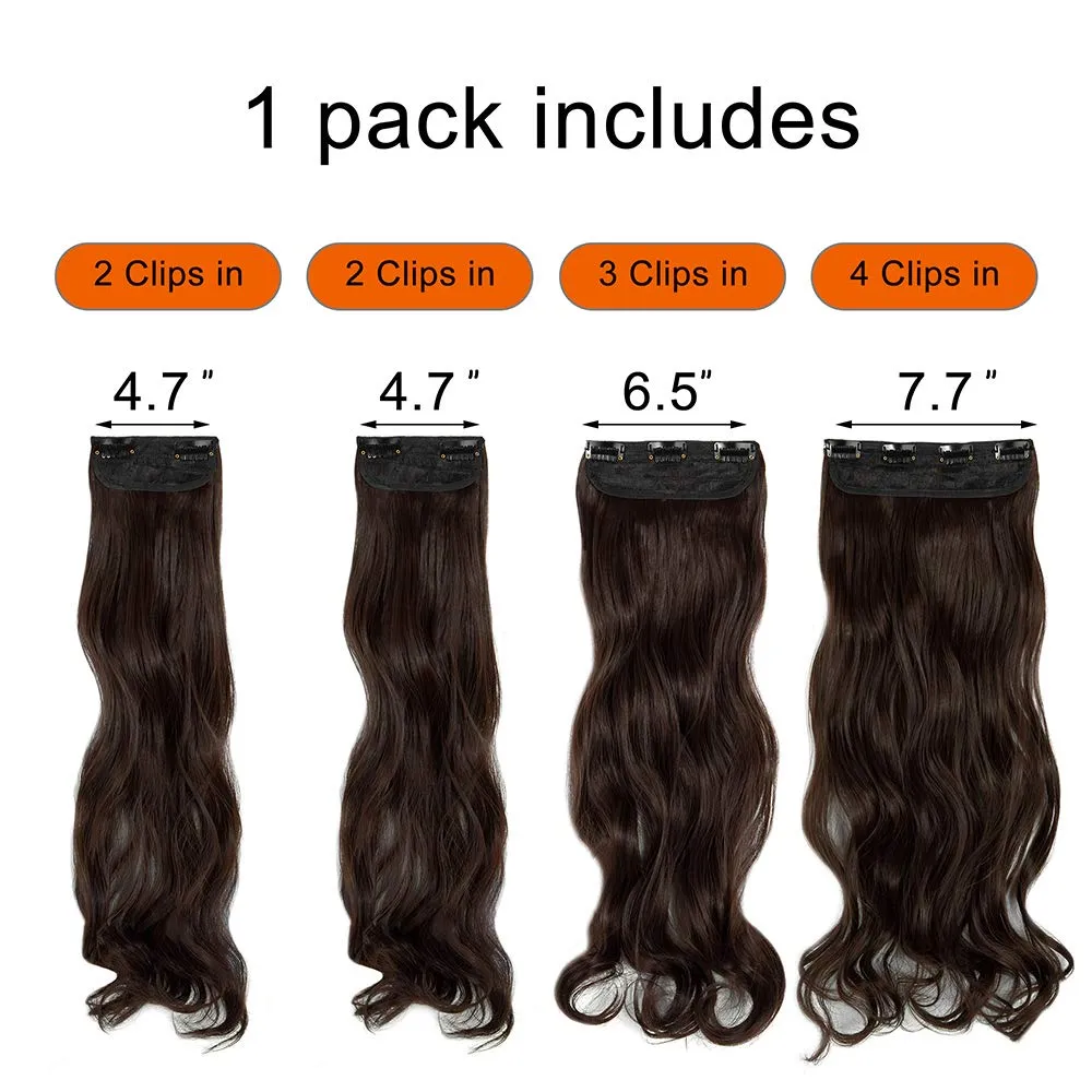 LELINTA 24" Curly Wavy 4 Pieces Set Thick Clip in on Synthetic Hair Extensions Hairpieces for Women Medium Brown
